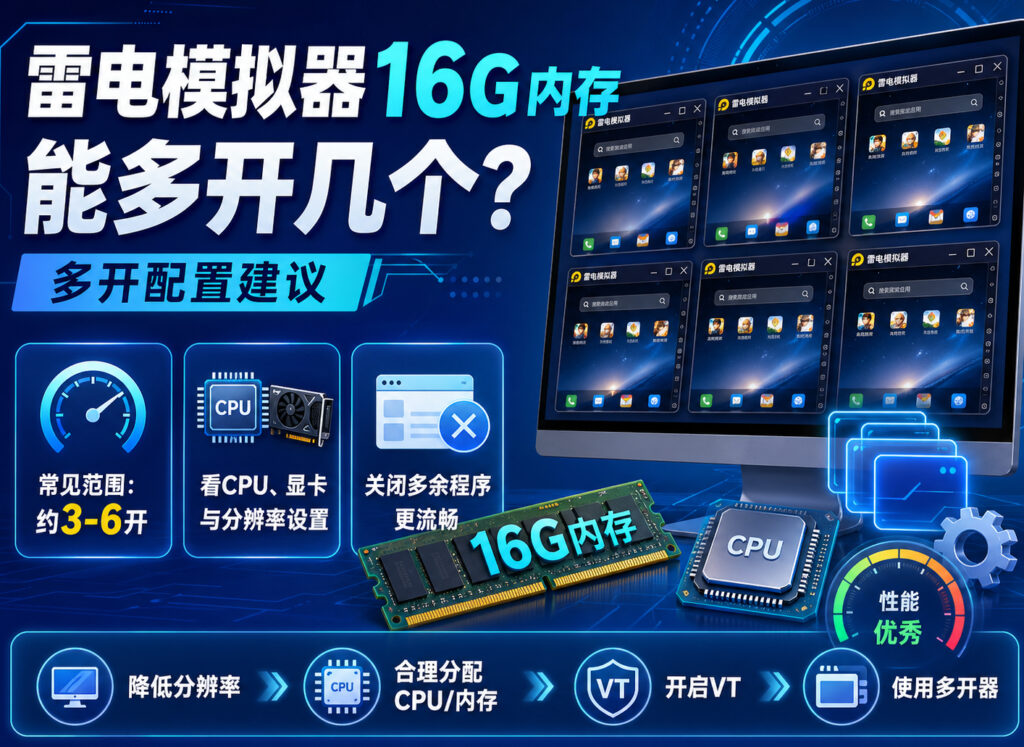 雷电模拟器16G内存能多开几个?2026多开数量、参数分配与不卡顿配置建议