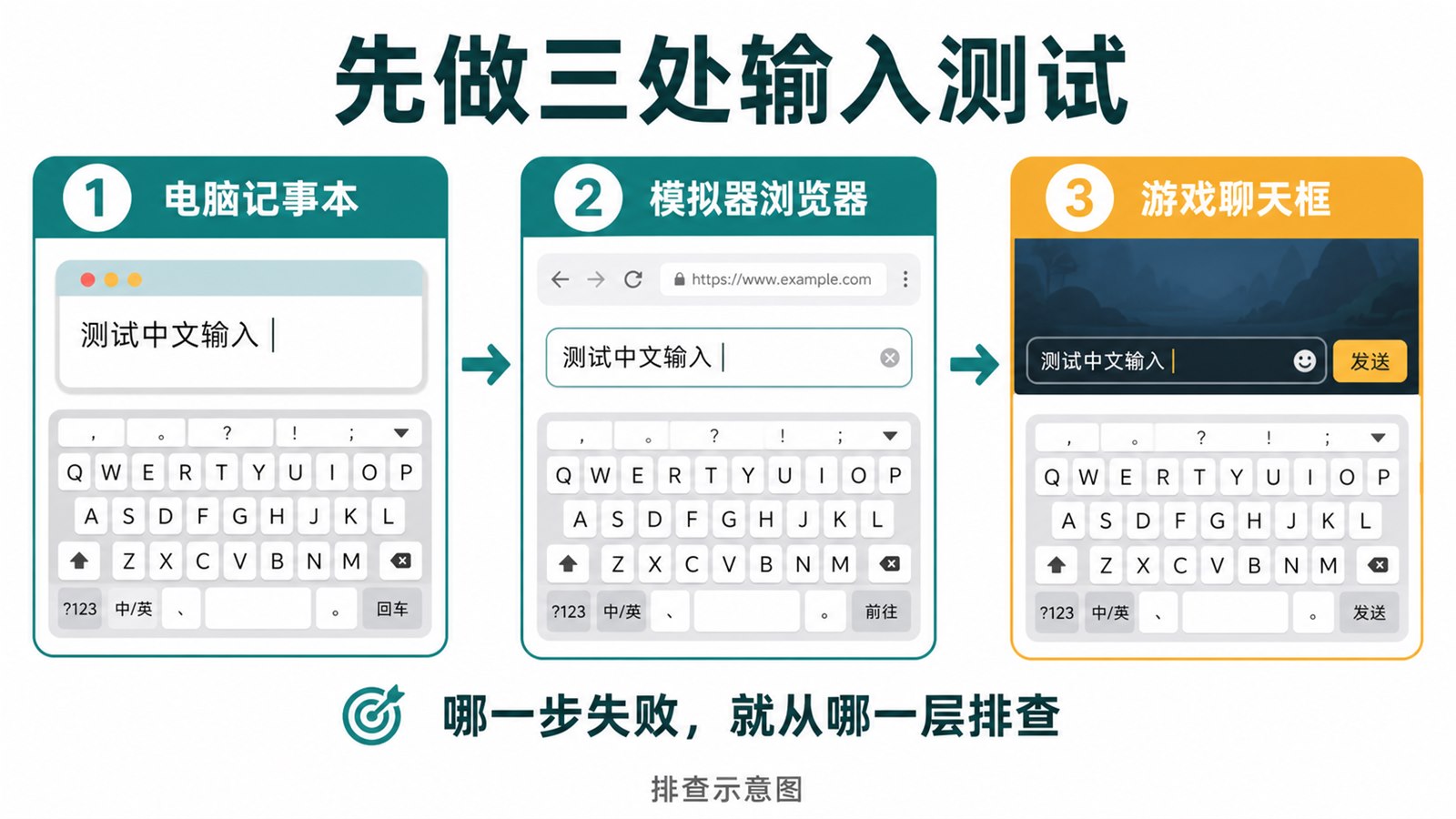 依次在电脑记事本、模拟器浏览器和游戏聊天框测试中文输入的示意图