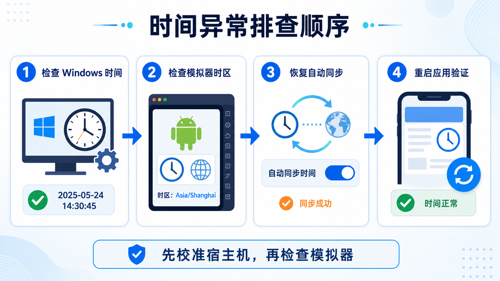 雷电模拟器时间异常排查顺序：Windows、模拟器时区、自动同步和应用验证